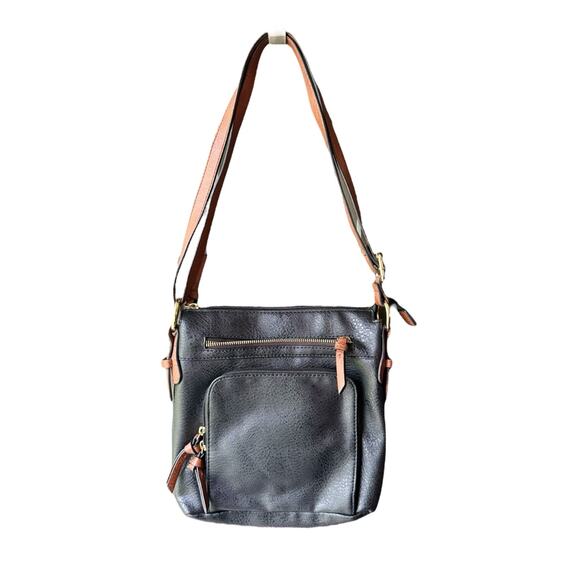 Soft Pebbled Leather Crossbody Bag Black & Brown Boho Shoulder Purse - Picture 2 of 11